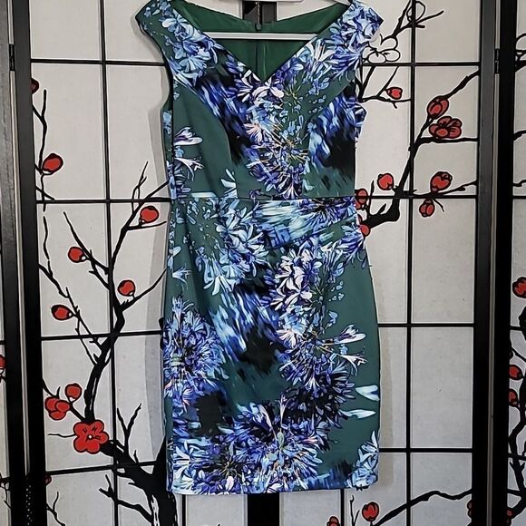 Karen Millen Womens Back Zip V Neck Floral Sheath Dress Green Blue Size 8 - Picture 2 of 11
